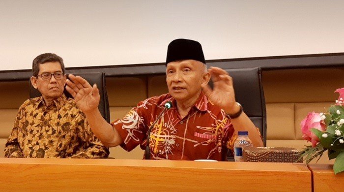 Ketua Dewan Kehormatan PAN Amien Rais dalam seminar di DPR RI, Selasa (3/9/2019). [Suara.com/Novian Ardiansyah]