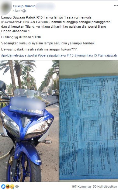 Polisi menilang Yamaha R15 V2 karena Tak Paham Fitur. (Facebook)