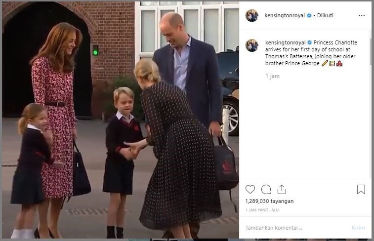 Putri Charlotte hari pertama sekolah. (Instagram/@kensingtonroyal)