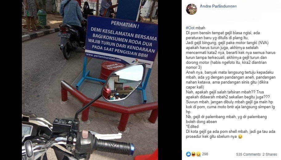 SPBU Pertamina Imbau Pemotor Turun dari Motor Saat Isi Bensin. (Facebook)