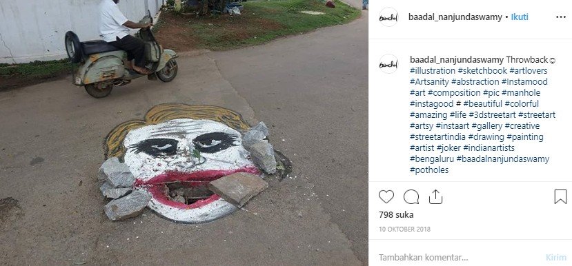 Pria India ini sulap jalan berlubang jadi karya seni. (Instagram/@baadal_nanjundaswamy)