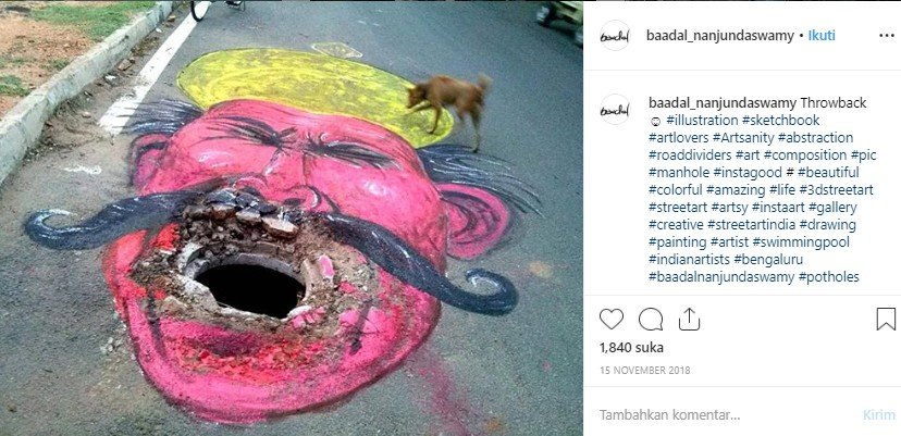 Pria India ini sulap jalan berlubang jadi karya seni. (Instagram/@baadal_nanjundaswamy)