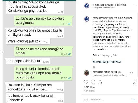 Kondektru Bus di Solo Berkelahi dengan Emak-emak. (Instagram/romansasopirtruck)