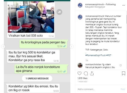 Kondektru Bus di Solo Berkelahi dengan Emak-emak. (Instagram/romansasopirtruck)