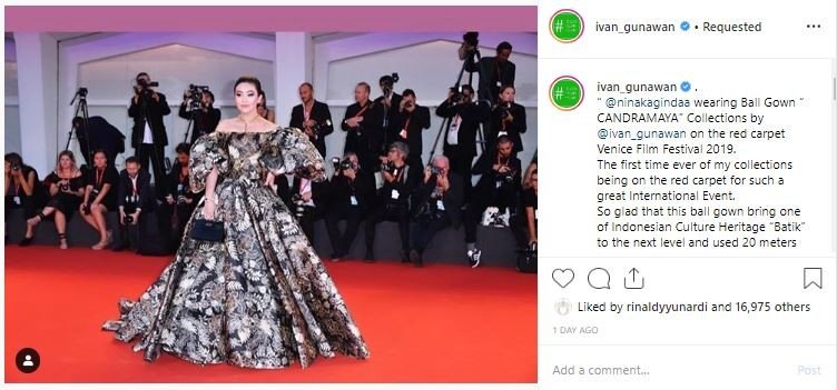 Nina Kaginda pakai gaun Ivan Gunawan di Venice Film Festival 2019. (Instagram/@ivangunawan)