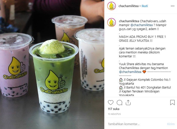 Rekomendasi bubble tea enak di Yogya. (Instagram/@chachamilktea)