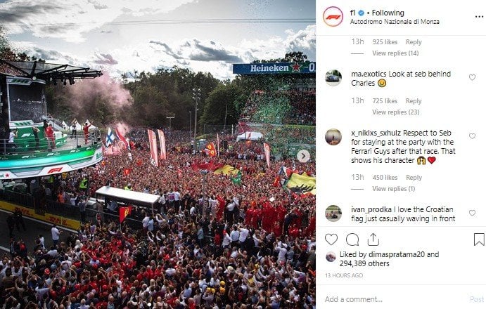 Perayaan kemenangan Leclerc di Monza. (Instagram/@f1)