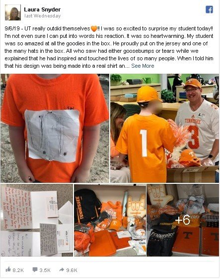 Bocah SD memakai kaos yang ditempel gambar logo University of Tennessee. (The Independent)