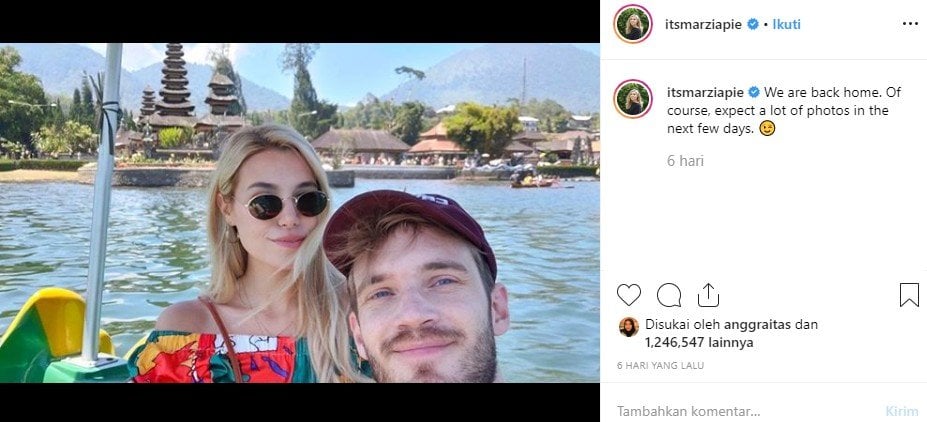 YouTuber PewDiePie dan istri saat menikmati bulan madu di Bali. (Instagram/@itsmarziapie)