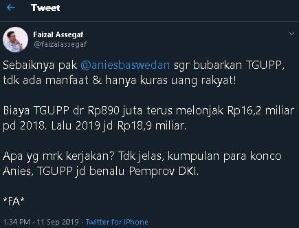 Cuitan Faizal Assegaf soal TGUPP. (Twitter/@faizalassegaf)