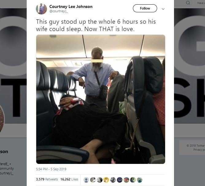Pria berdiri 6 jam di pesawat demi istri (twitter.com/courtneylj_)