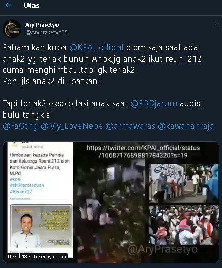 Jejak digital akun bernama KPAI. (Twitter/@Aryprasetyo)