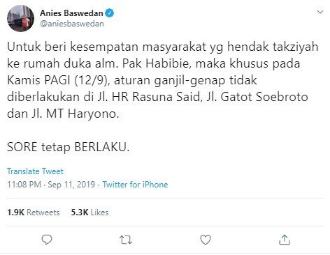 Anies Baswedan Hentikan Sementara Peraturan Ganjil-Genap di Tiga Ruas Jalan. (Twitter/aniesbaswedan)