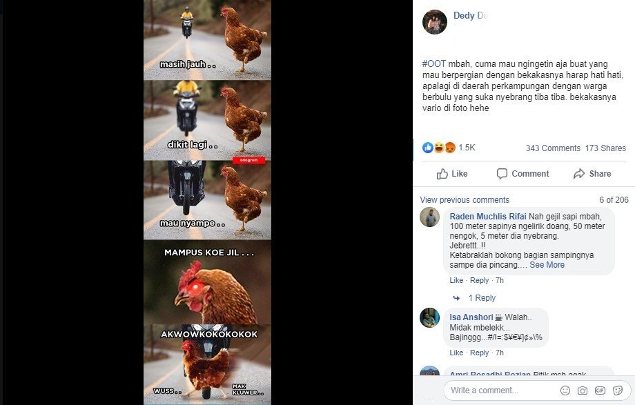 Meme Ayam yang Menyeberang Jalan Sembarangan Bikin Pemotor Kesal. (Facebook/Dedy De)