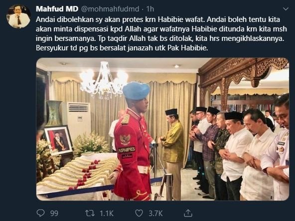 Kicauan Mahfud MD soal Habibie. (Twitter)