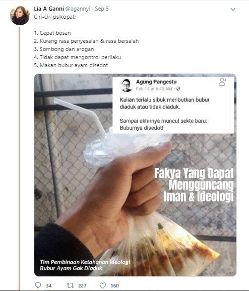 Timbulkan perdebatan, ada orang makan bubur ayam dengan cara disedot. (Twitter/@agannnyi)