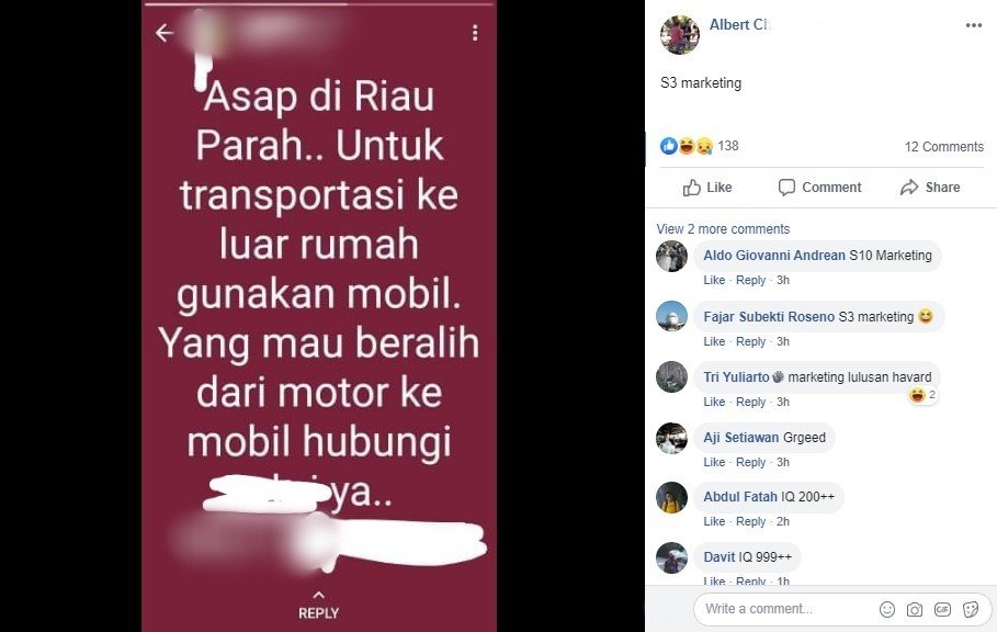 Sales Mobil Memanfaatkan Momen Kabut Asap di Riau. (Facebook)