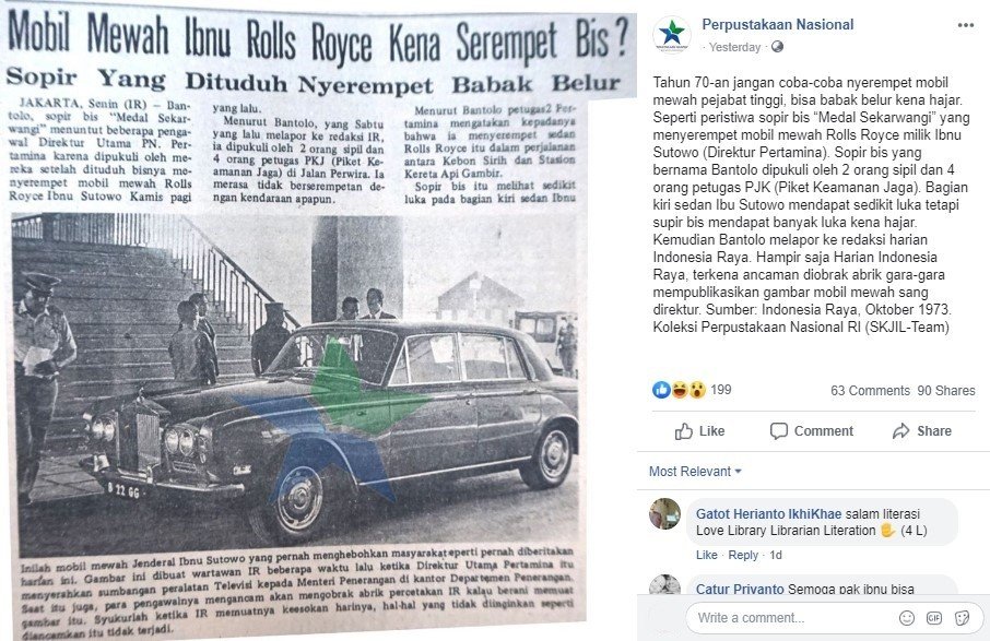 Mobil Rolls-Royce Dirut Pertamina Ibnu Sutowo. (Facebook/Perpustakaan Nasional)