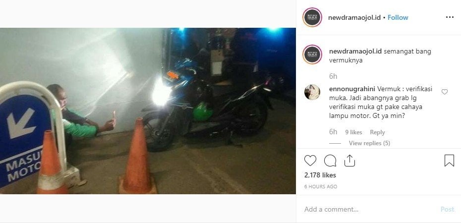 Aksi Driver Ojol Saat Harus Verifikasi Wajah di Malam Hari. (Instagram/newdramaojol.id)