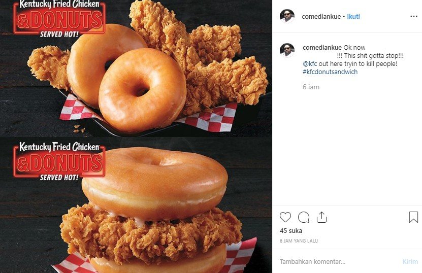 Nyentrik, KFC Ciptakan Perpaduan Menu Sandwich Donat dan Ayam Goreng. (Instagram/@comendiankue)