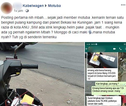 Curhatan warganet yang rekannya ditilang di Cirebon. (Facebook)