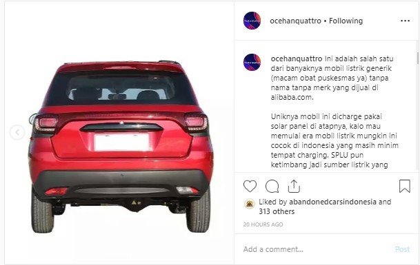 Mobil Listrik Tanpa Merek. (Instagram/ocehanquattro)