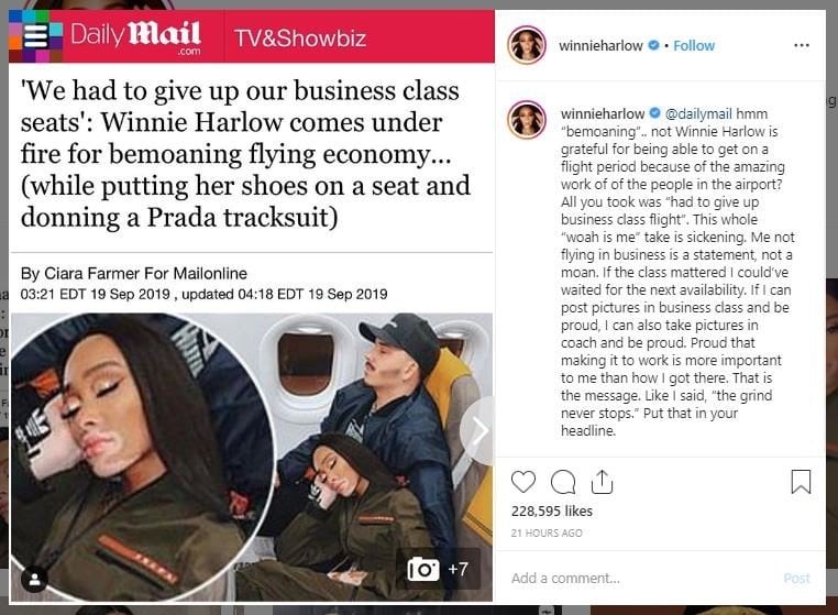 Model Winnie Harlow berfoto di kelas ekonomi pesawat (instagram.com/winnieharlow)