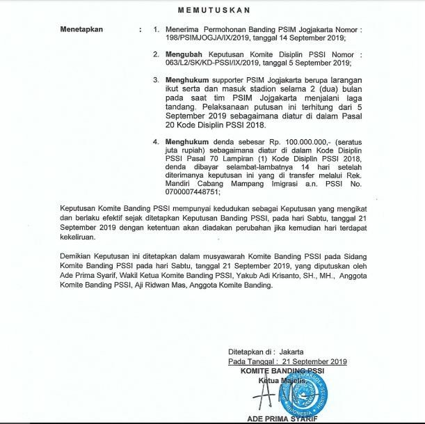 Komdis PSSI kabulkan permohonan banding PSIM Yogyakarta. (Sumber: Media Officer PSIM).