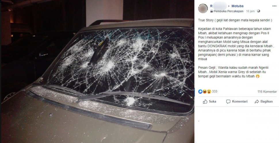Mobil dirusak seorang perempuan, kisahnya pelik. (Facebook/R)