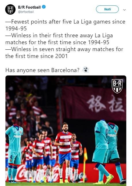 3 rekor buruk usai Barcelona tumbang dari Granada. (Twitter/brfootball).