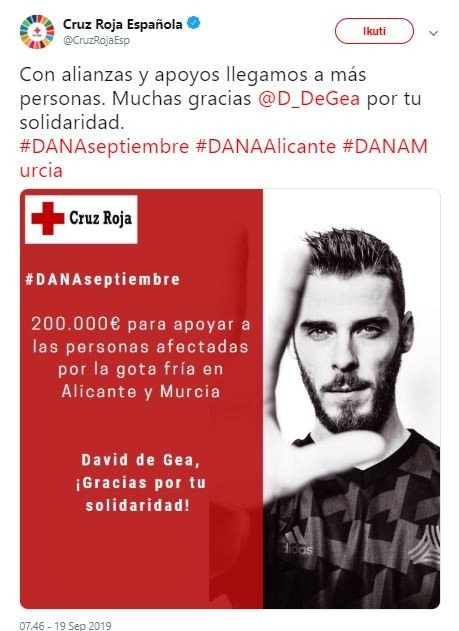 David de Gea memberi simbangan sebesar 200 ribu euro untuk korban bencana di Spanyol. (Twitter/@cruzrojaeso).