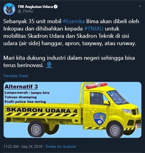 Esemka Bima Akan Diborong Inkopau untuk TNI AU. (Twitter/_TNIAU)