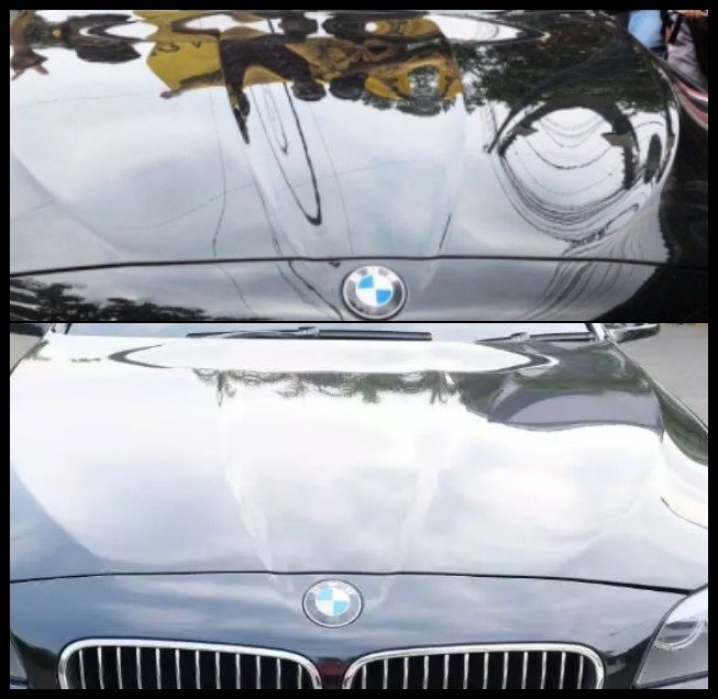 Moncong mobil yang viral saat unjuk rasa di Purwokerto (atas) dan moncong BMW 520i F10 2014 (bawah), memiliki guratan yang identik. (Twitter/@ZackyMochammed_) & (olx.co.id)