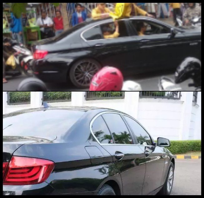 Jendela mobil yang viral saat unjuk rasa di Purwokerto (atas) dan jendela BMW 520i F10 2014 (bawah), memiliki desain yang identik. (Twitter/@ZackyMochammed_) & (olx.co.id)