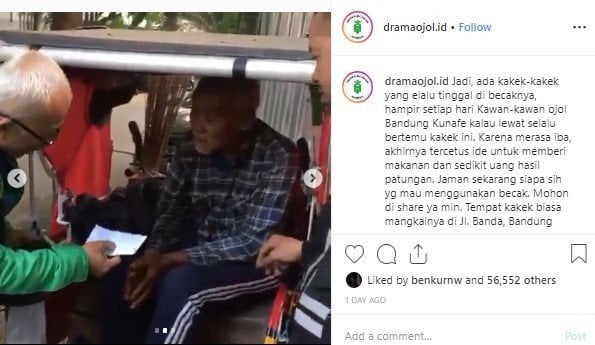 Driver Ojol di BandungPatungan Membantu Tukang Becak. (Instagram/dramaojol.id)