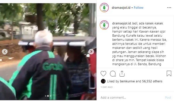 Driver Ojol di BandungPatungan Membantu Tukang Becak. (Instagram/dramaojol.id)