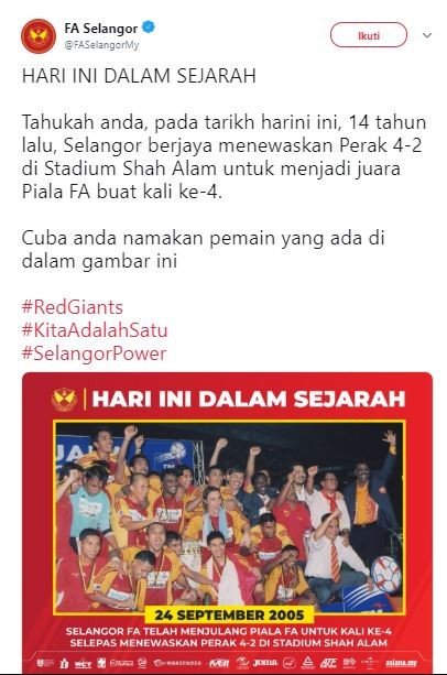 Cuitan Selangor FA. (Twitter/@FASelangormy).