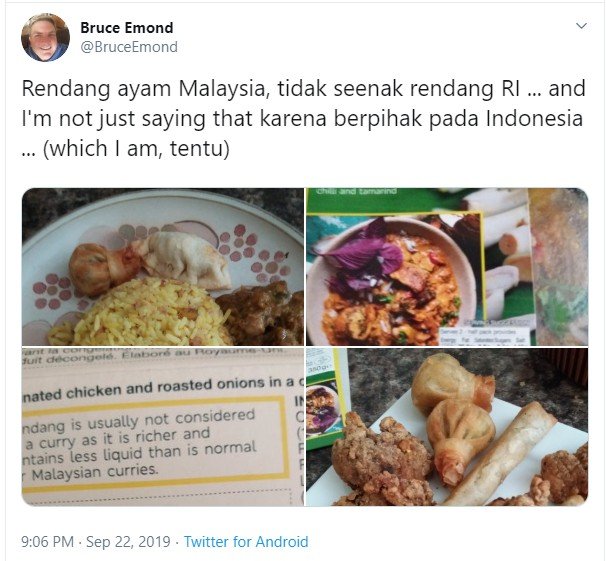 Curhatan warganet saat cicipi rendang ayam khas Malaysia. (TwitterBruceEmond)