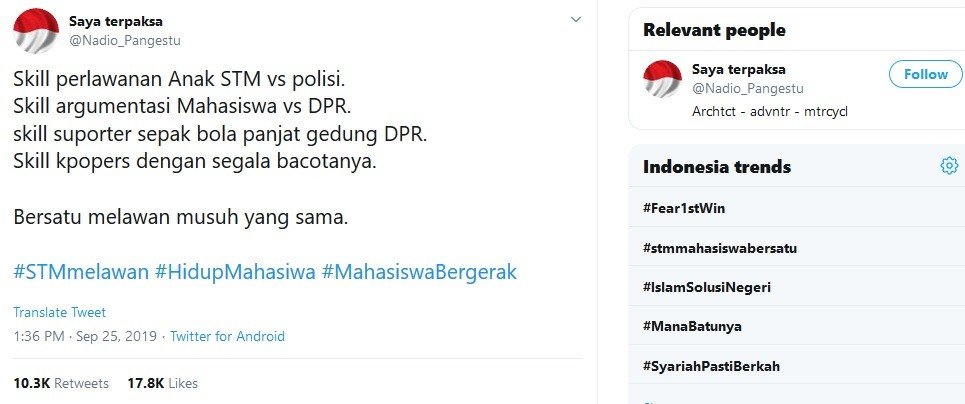 Cuitan netizen soal ragam skill dalam rangkaian aksi unjuk rasa di Indonesia. [Akun Twitter @Nadio_Pangestu / captured]