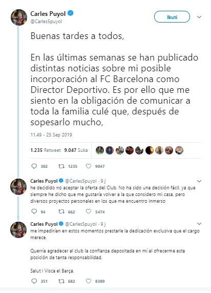 Carles Puyol tolak tawaran menjadi direktur olahraga Barcelona. (Twitter/@Carles5puyol).