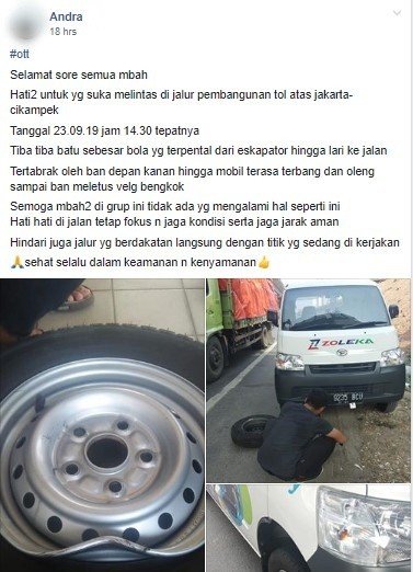 Pemobil Terkena Material Batu Saat Lewati Proyek Tol Jakarta-Cikampek (Japek). (Facebook)