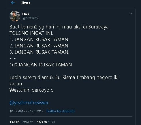 Surabaya menggugat tak boleh rusak taman kota. (Twitter)