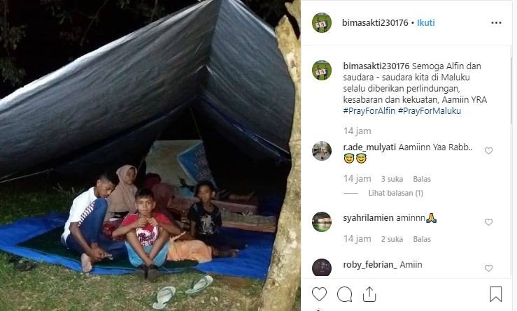 Bek Timnas Indonesia U-16, Alfin Lestaluhu, ngungsi di tenda sederhana. (Instagram/@bimasakti230176).
