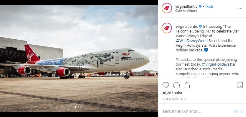 Maskapai ini rilis desain pesawat Millenium Falcon Star Waes. (Instagram/@virginatlantic)