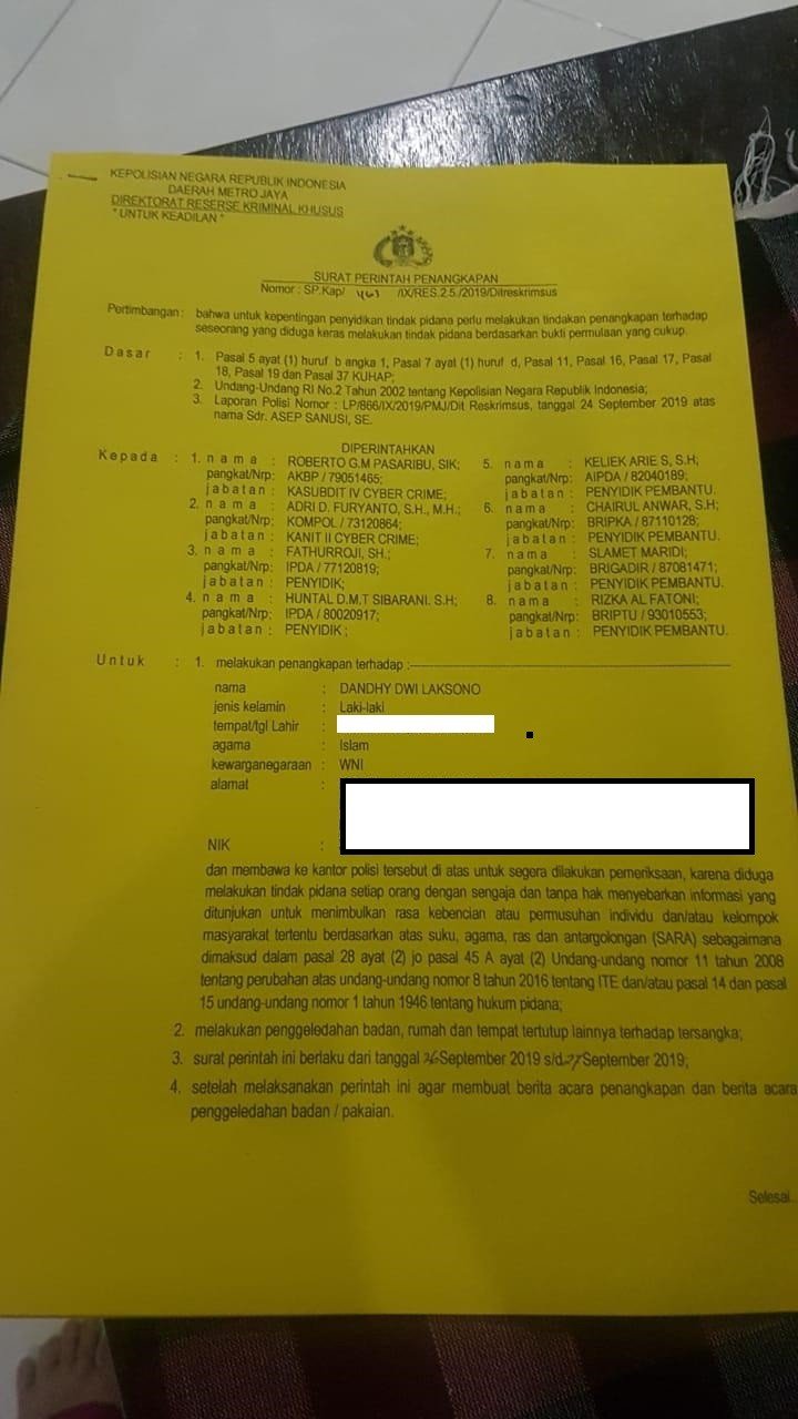 Surat perintah penangkapan atas Dandhy Laksono pada Kamis (26/9/2019). [Twitter/YLBHI]