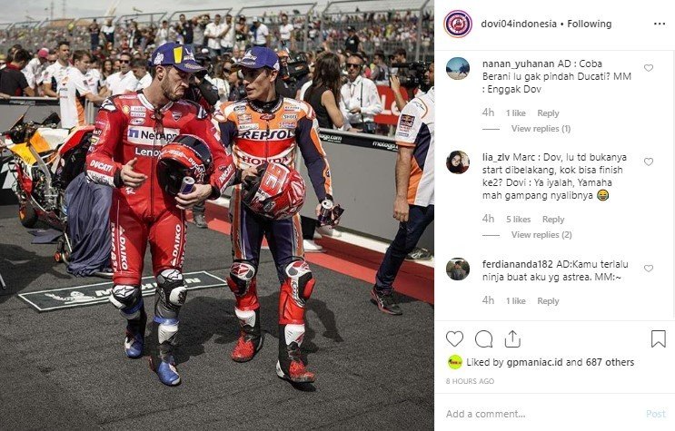 Andea Dovizioso dan Marc Marquez usai MotoGP Aragon. (Instagram/dovi04indonesia)