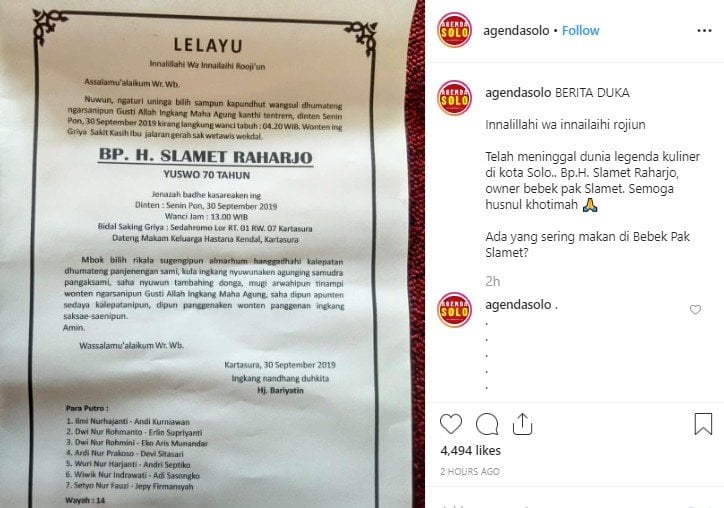 Berita lelayu wafatnya pemilik Warung Bebek H. Slamet. (Instagram/@agendasolo)