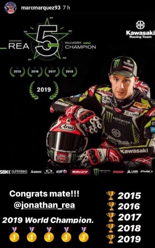 Ucapan selamat dari Marc Marquez pada Jonathan Rea. (Instagram/@marcmarquez93)