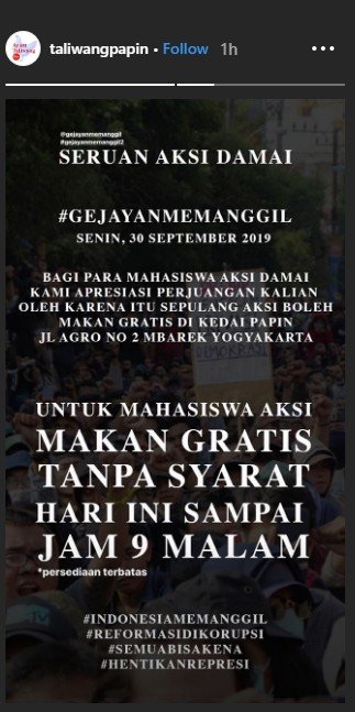 Mahasiswa aksi #GejayanMemanggil bisa mendapat makan gratis di Kedai Papin. Tangkapan layar (instagram.com/taliwangpapin)