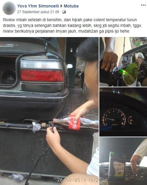 Warganet membersihkan radiator mobil dengan minuman ringan.(Facebook/Yova Yhm Simoncelli)